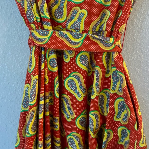 Vacation Party Tropical Papaya Print Sleeveless A-Line Swing Dress W/ Belt - Picture 2 of 11